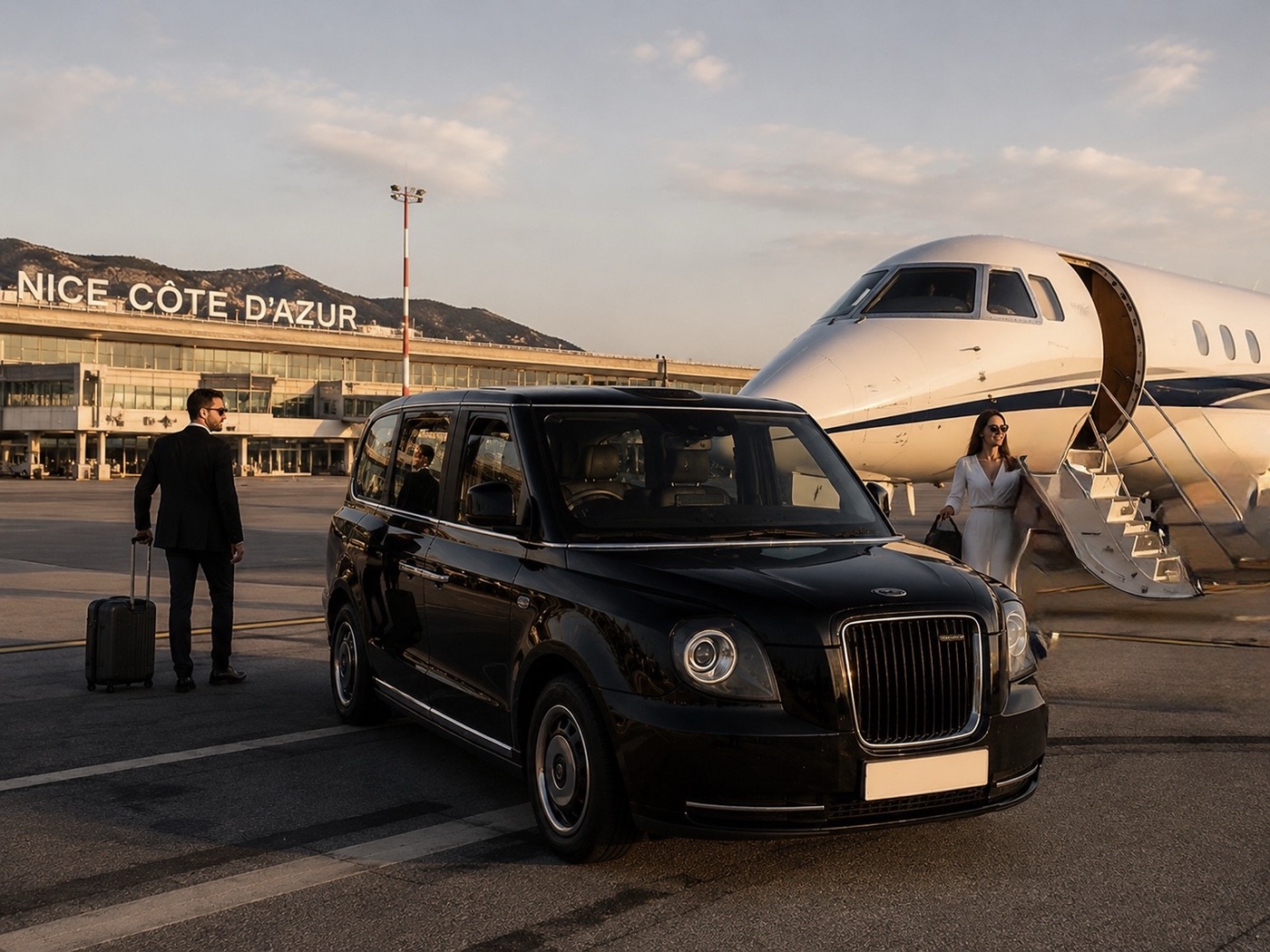 Private chauffeur and clients at the foot of a jet at Nice Côte d'Azur airport