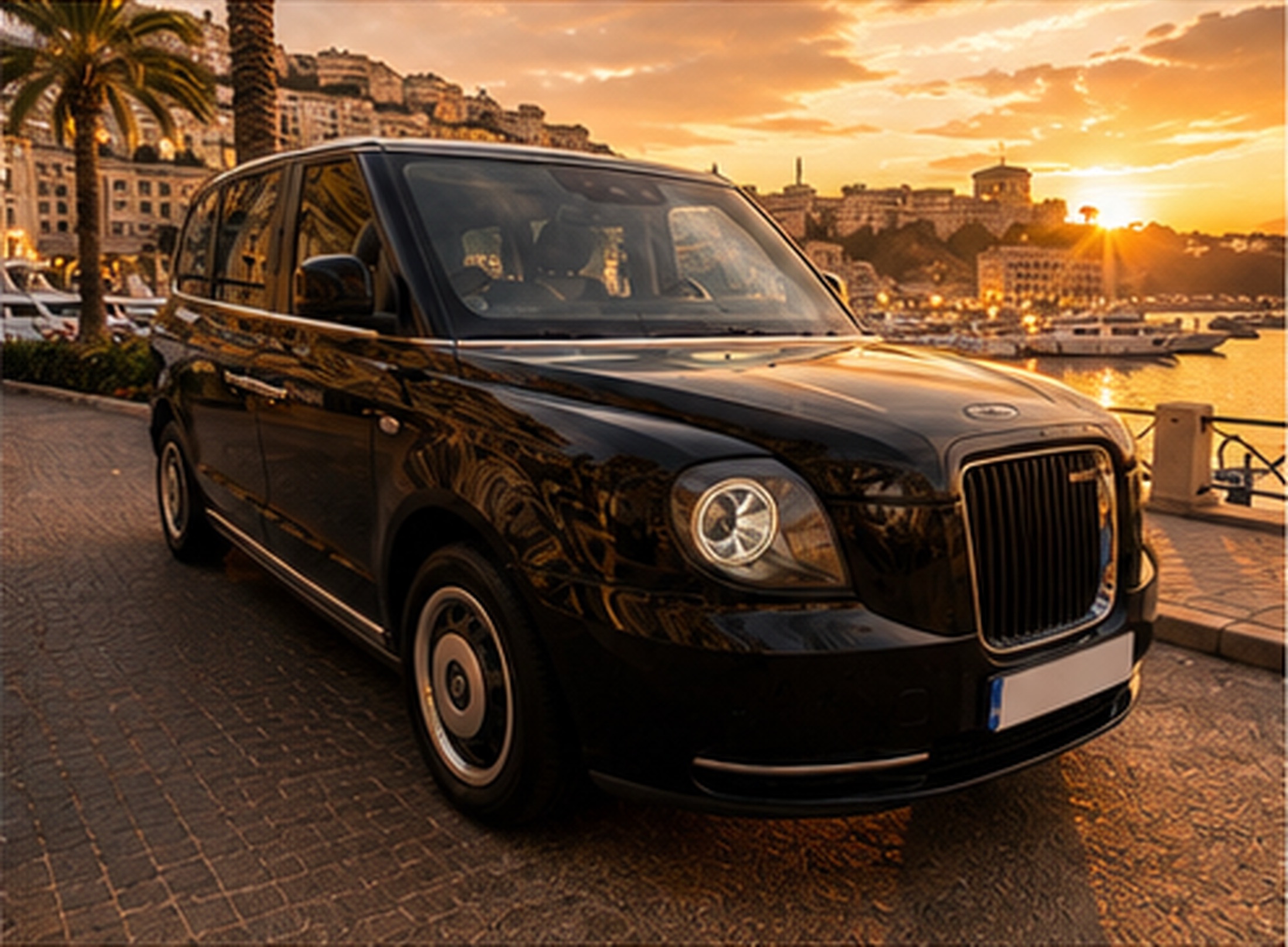 LEVC TX sur le port de Monaco au coucher du soleil