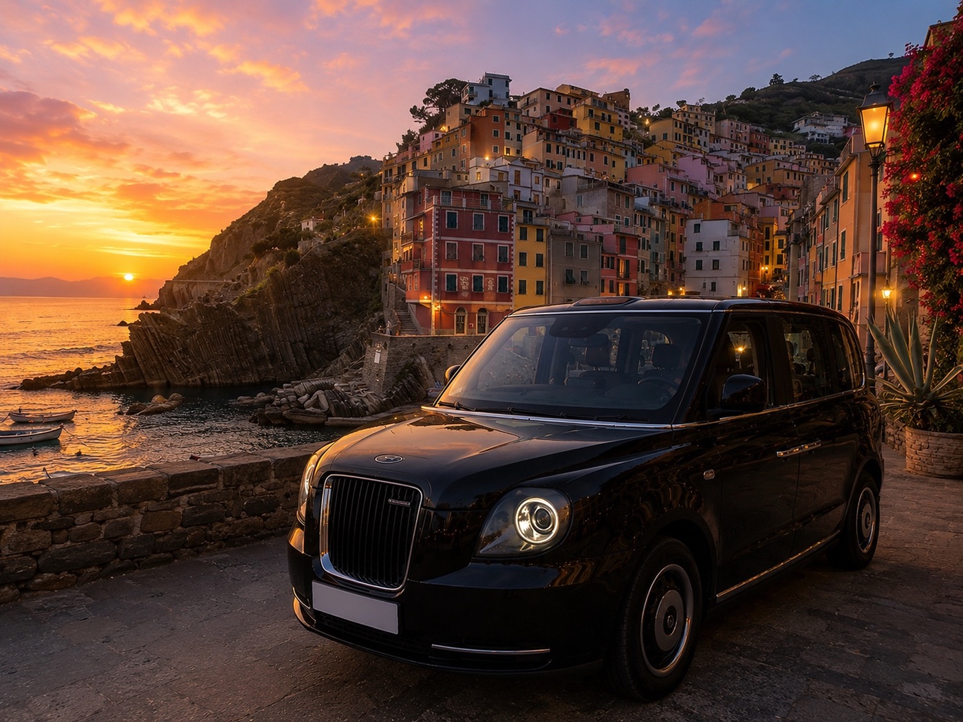 LEVC TX London cab on the Italian coast — long-distance journeys