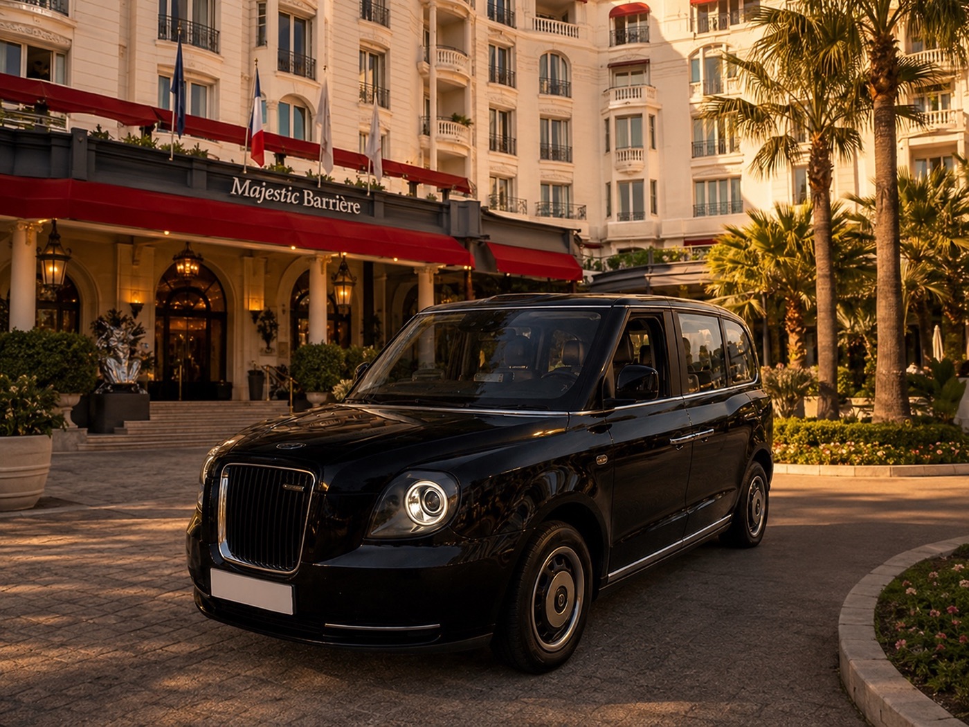 Le LEVC TX de Beach Riviera Driver devant le Majestic Barrière à Cannes