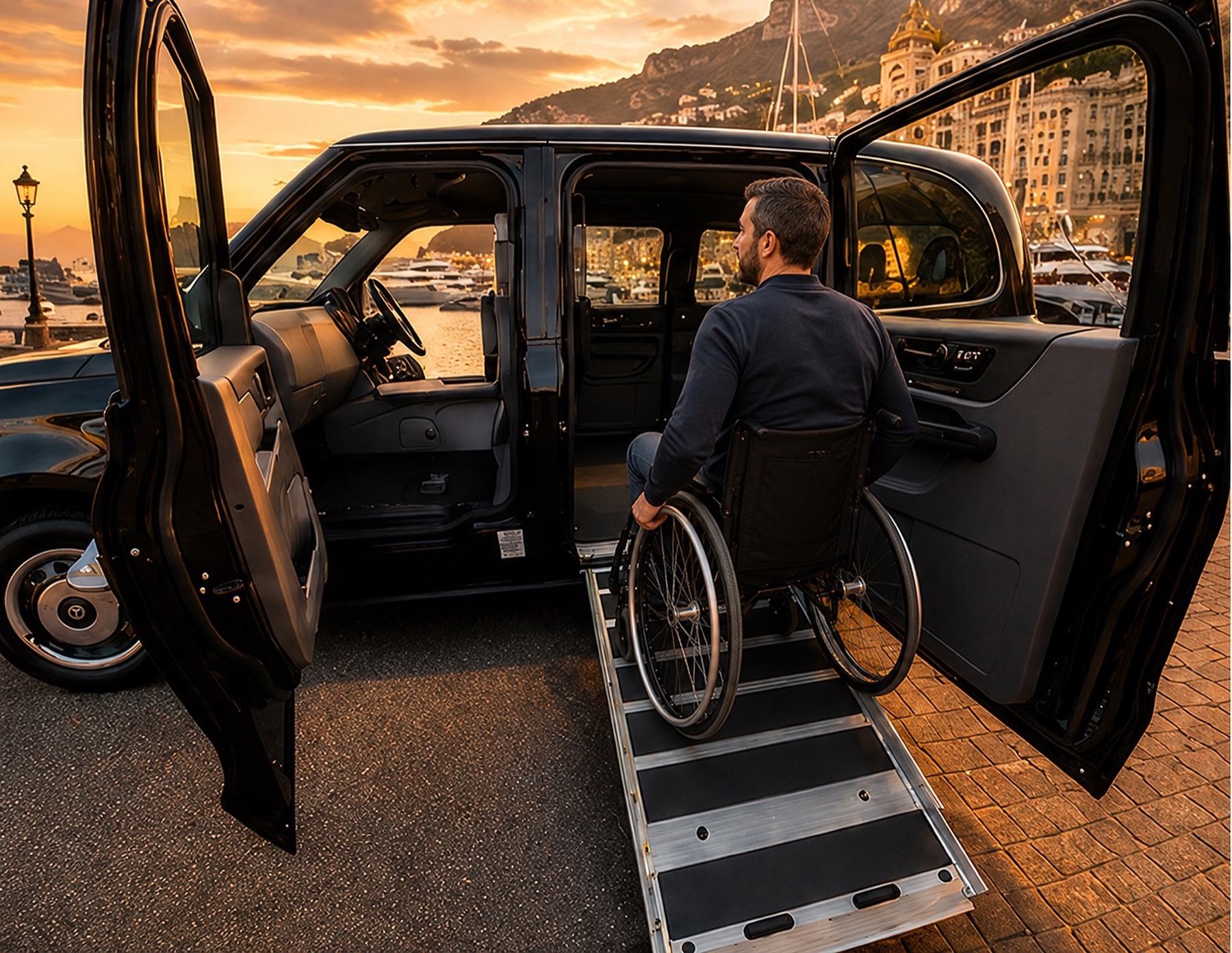 Personne en fauteuil roulant accédant au LEVC TX par la rampe latérale